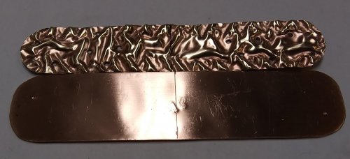 Judy Larson's Fold Formed Cuff With Faux Roman Glass or Coin Cabochon - , Metalwork, Cutting, Cutting Tool, Cutters, Dapping, Dapping Jewelry, Filing, Finishing, Forging, Forging Jewelry, Jewelry Forging, How To Punch Holes, Hole Punching, Punch A Hole, Oxidizing Wire, Oxidizing, Antiquing Wire, Antiquing, Riveting, Riveting Techniques, Wire Rivets, Sawing, Saw, Wire Saw, Texturing, Drilling, Drill, Fold Formed Faux Roman Glass Cuff